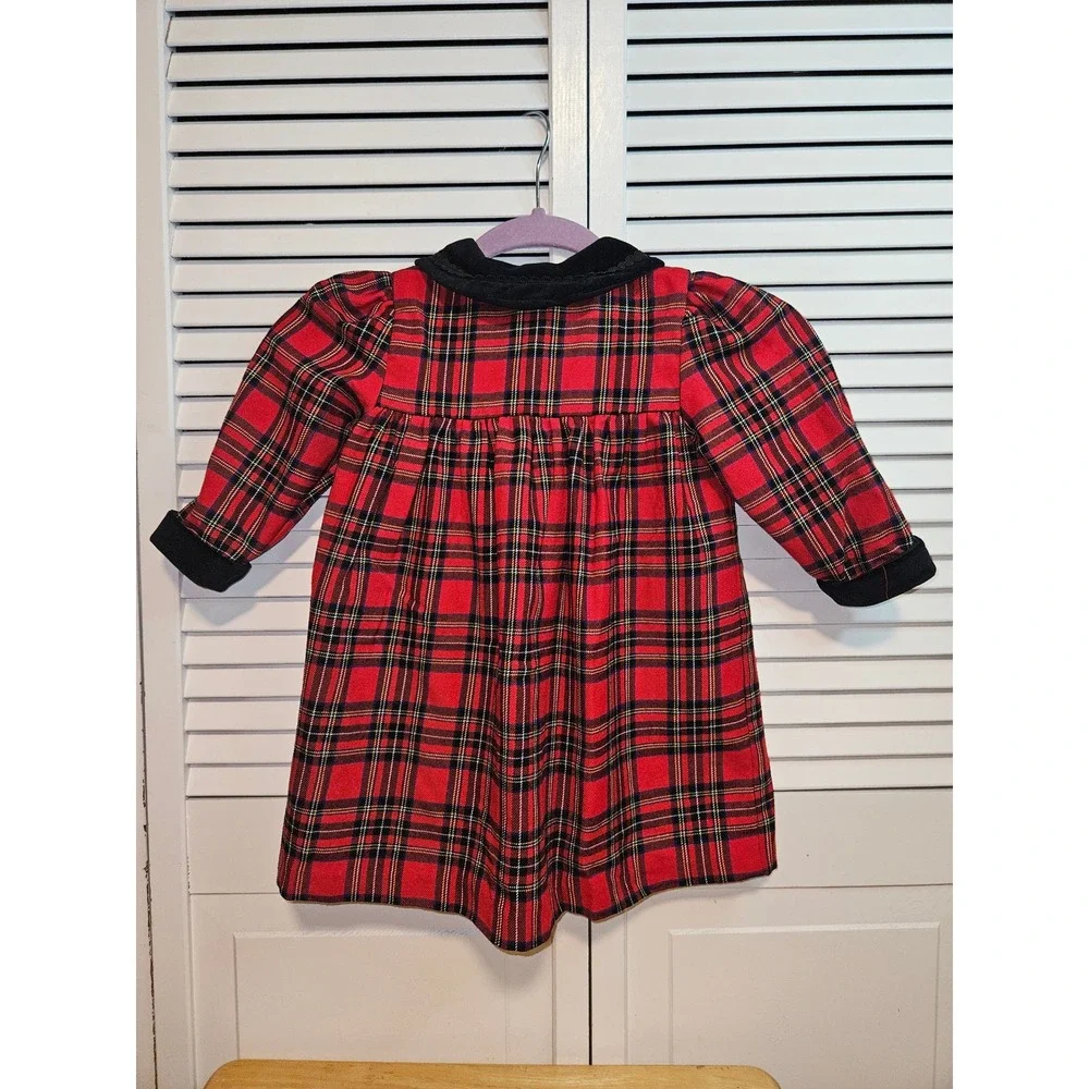 Vint Little Billy Red Plaid Holiday Dress Set Velvet Trim Floral Embroidery 24M